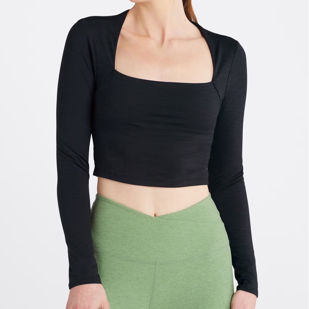 Beyond Yoga Womens Heather‎ Rib Frame Cropped Pullover Athleisure Top Black XL